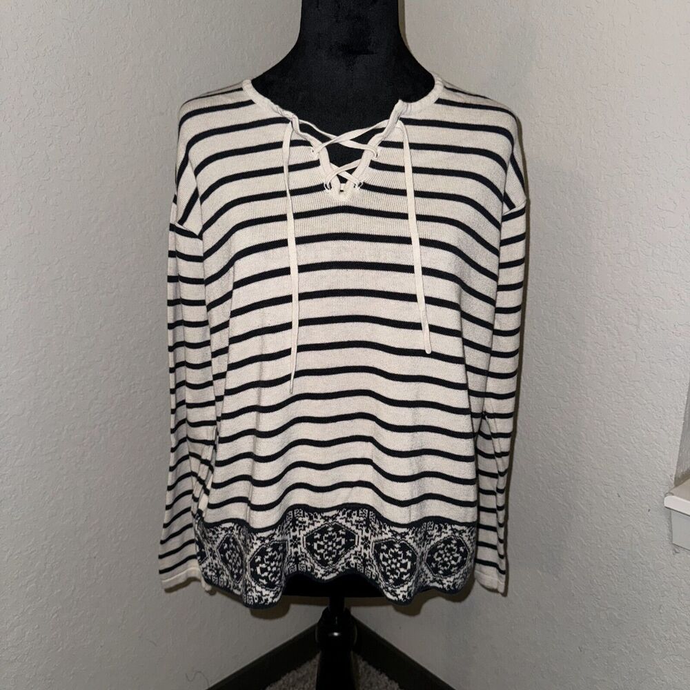 J. Jill Sweater Women's Medium White‎ Striped Cotton Blend Tie Neck Long Sleeve